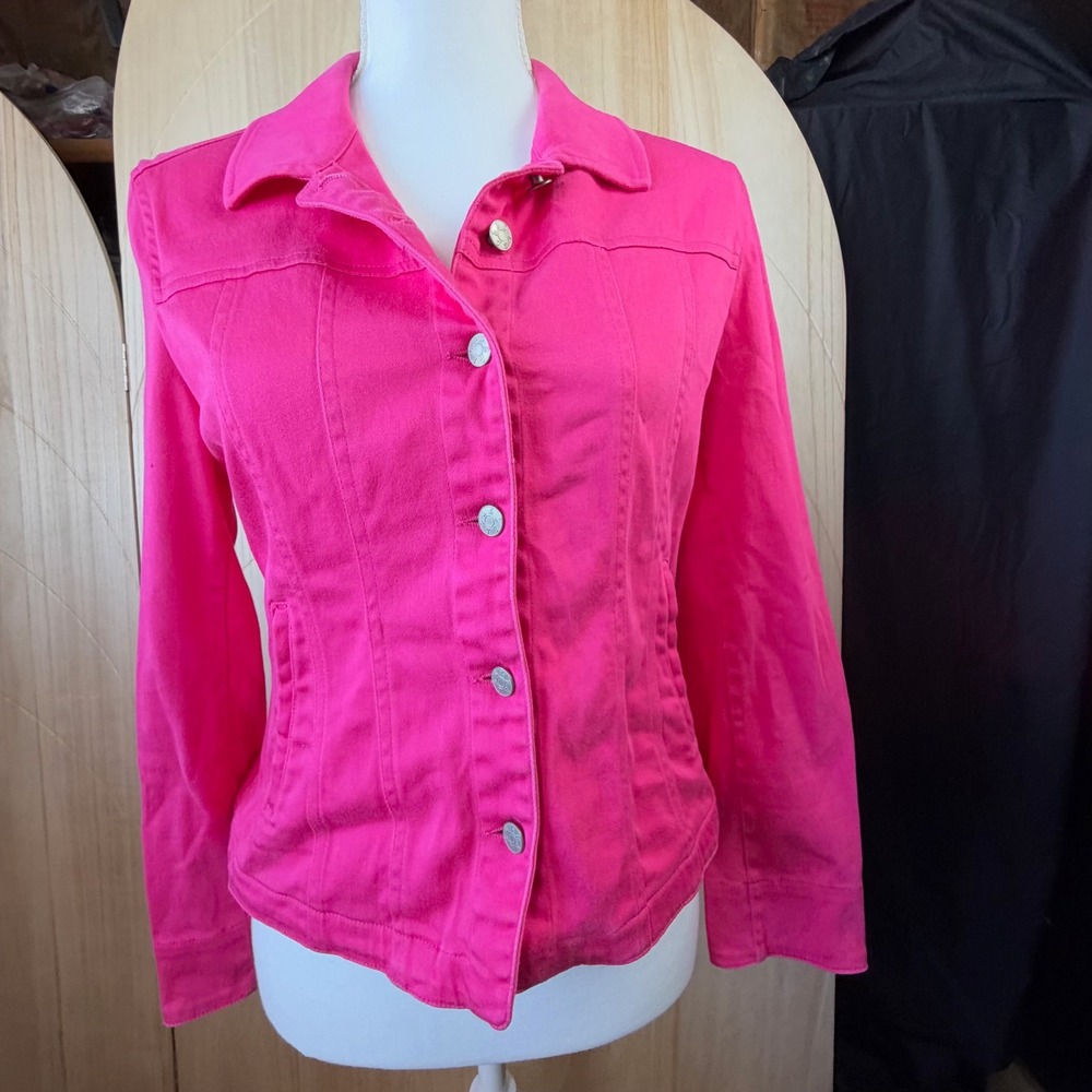 Live a Little Denim Jacket Womens S Hot Pink Button Front Stretch Cotton Casual